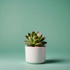 A small succulent in a white pot, placed at the bottom right of a solid color background. Lots of negative space