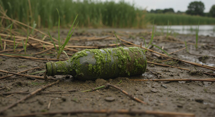 Abandoned glass bottle covered in algae on muddy riverbank  