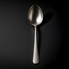 A single spoon placed diagonally on a matte black background. Soft overhead lighting casts a gentle shadow