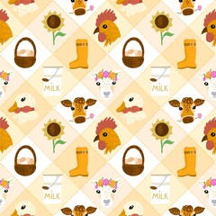 Cute seamless farm pattern with animals, boots, milk, eggs, and sunflowers on a patchwork background. Perfect for kids, textiles, or country-style designs.