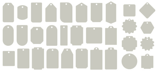 Collection of various blank paper tag templates in neutral color, isolated on white, ideal for labeling, crafting, or packaging design. perfect for gift wrapping, merchandise tags, or digital design