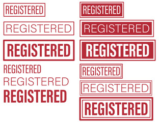 Collection of red REGISTERED stamps in multiple styles, perfect for documents, business branding, or official use. Assortment of bold registered wordmark labels in red, ideal for print, packaging, or
