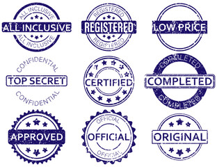 Vector set of grunge-style purple stamps with popular keywords for office and marketing purposes. Perfect for digital and print projects. Vector stamp set. Grunge label icon. Office document stamp.
