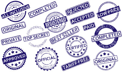 A collection of grunge-style rubber stamps with various business-related labels such as approved, confidential, original, and completed. Business rubber stamps. Grunge stamp collection.