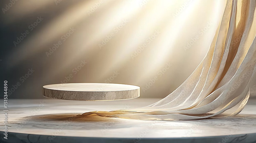 Poster floating circular marble platform in abstract 3d space with gold fabric drape