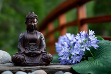 Buddha statue with purple flowers in garden setting