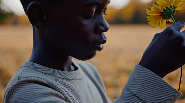 Child’s hand with yellow sunflower in field expresses innocence hope gratitude cheerfulness harmony nature warmth new beginnings happiness vibrancy childhood