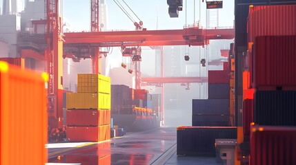 Cargo Port at Dawn: A captivating view of a bustling cargo port at dawn, showcasing rows of vibrant orange and yellow shipping containers under the soft glow of the rising sun.