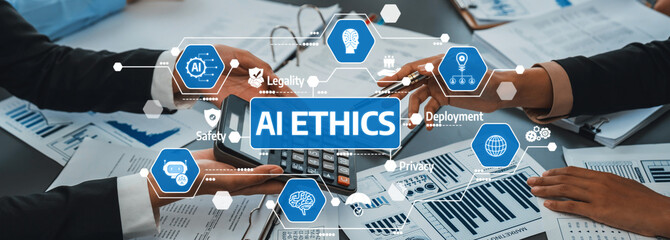 Obraz premium Professional discussion on AI ethics with a focus on legality, safety, deployment, and privacy in a modern business environment. Amity