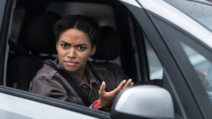 Negative human expression, traffic jam and rule breaking in road. Displeased, angry, pissed off,...