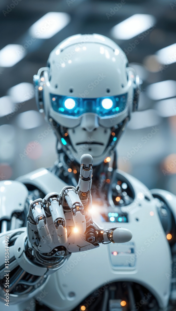Aufkleber futuristic robot with illuminated features and mechanical hand gesture in a high-tech environment
