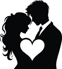 Romantic Couple illustration - Romantic Couple Silhouette with Heart Symbol — Love, Wedding, Valentine’s Day Vector Art