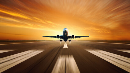 Naklejka premium Stunning View of an Airplane Taking Off During a Breathtaking Sunset Over an Airport Runway, Capturing the Essence of Air Travel and Adventure