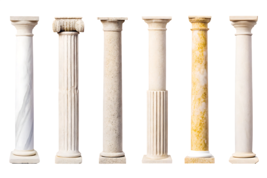 Seven classical columns isolated on a white background png ai generated