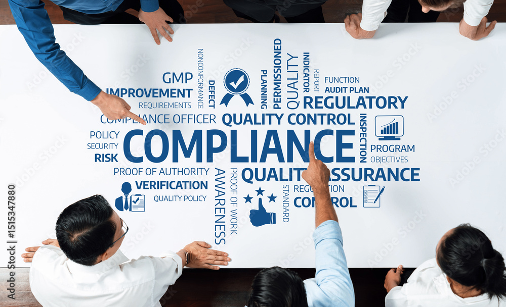 Poster a diverse group of professionals collaborates in a compliance workshop, analyzing essential quality 