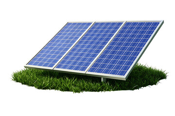Triple solar panel array on grass isolated on a white background png ai generated