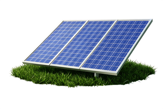 Triple solar panel array on grass isolated on a white background png ai generated