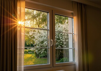 Sunlight is streaming through window with sheer curtains onto blooming spirea and green garden in springtime