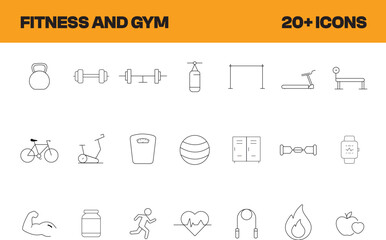 Fitness and gym icon set. Thin line editable stroke icons for workout routines, strength training, cardio, exercises, gym equipment, healthy lifestyle