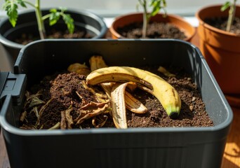 Banana peels and other organic materials decompose in a composter, creating nutrient rich soil for plants