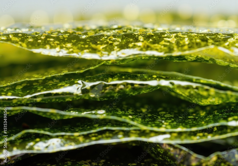 Poster thin, crispy sheets of nori seaweed are stacked, creating a mesmerizing pattern of green hues and de