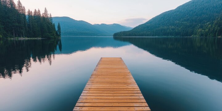 Nation relaxation day with calm nature idea. Serene lake view with a wooden dock and surrounding mountains.