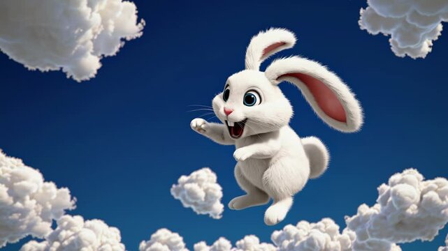 White cartoon rabbit leaps with joy between clouds spreading wonder, playfulness, fantasy, innocence, fun, uplifting mood, and creative imagination