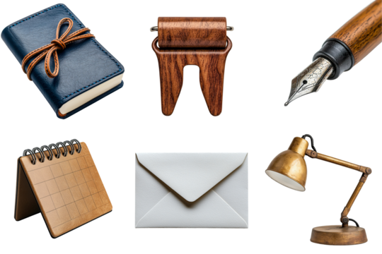 A stylish arrangement of stationery items including a notebook, wooden clips, a fountain pen, and a desk lamp.