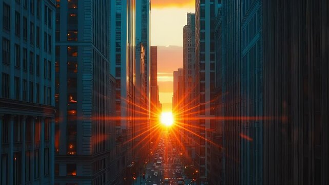Manhattanhenge sunset with skyscrapers and city street