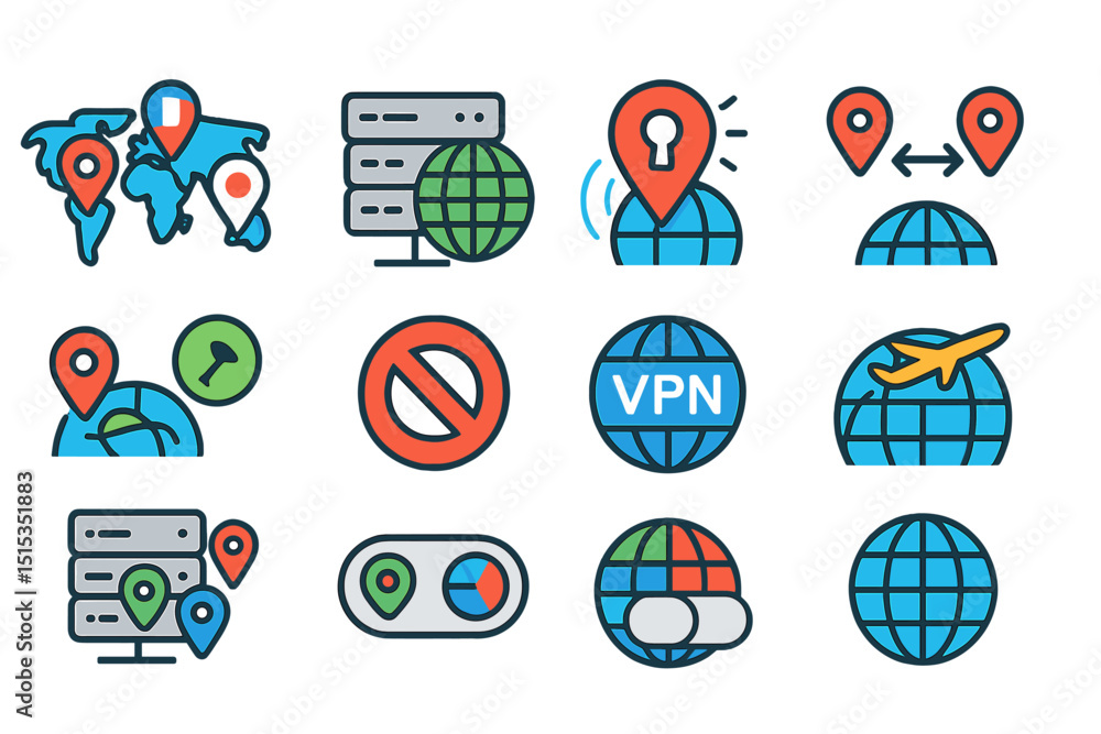 Poster vpn and internet security icons with global network and server illustrations