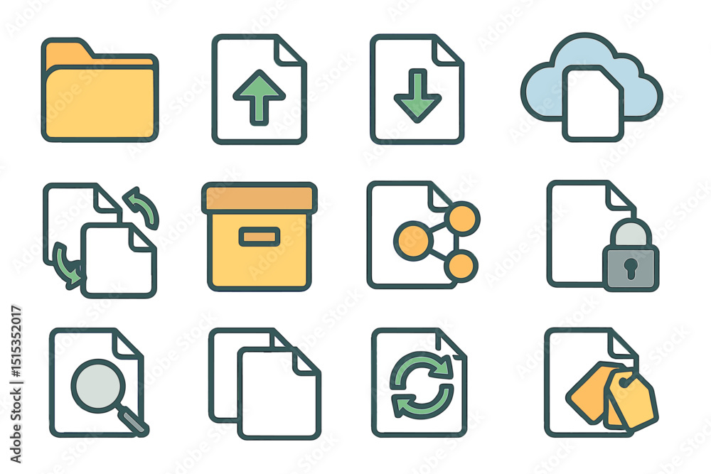 Poster file management icons with folder, cloud, and sync symbols