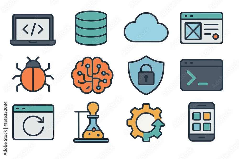 Poster technology icons: cloud, coding, security, development, database, application