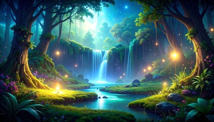 Obraz premium Magical Waterfall Enchanted Forest.