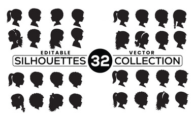Editable children head silhouettes collection, diverse kids profile vector graphics, transparent background elements for designs, ideal for avatars and educational materials