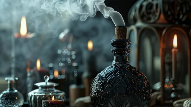 Mystical potion bottle with smoke and candles in a dimly lit setting, creating a magical atmosphere