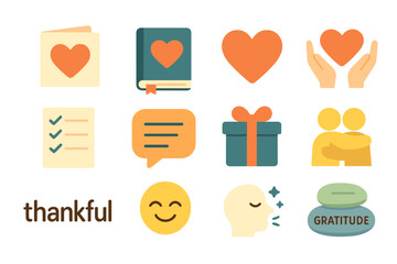 Gratitude icons with hearts, gifts, and smiley faces
