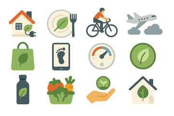 Eco-friendly lifestyle icons featuring home, travel, and wellness elements