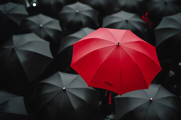 Vivid Red Umbrella Standing Out Among Black Umbrellas