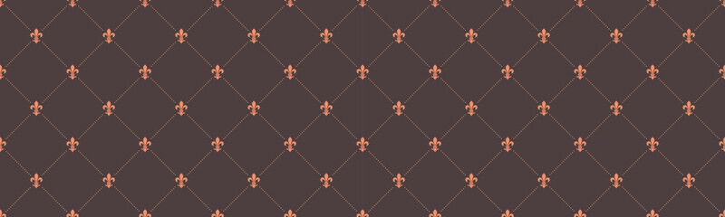 Elegant repeating pattern featuring a fleurdelis motif on a dark background.  Ideal for luxurious designs, adding a touch of classic sophistication to websites, stationery, or textiles.