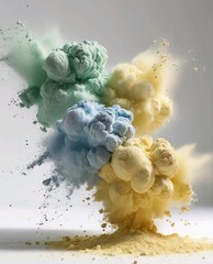 Colorful Burst of Blue, Yellow, and Green Powder in Mid-Air Explosion Motion