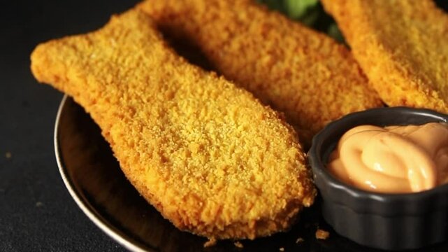 Fish sticks fishs shaped breaded fish nuggets fast food fresh delicious gourmet food background on the table rustic food top view copy space