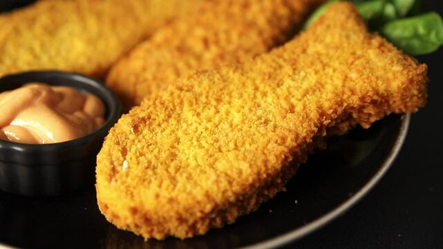 Fish sticks fishs shaped breaded fish nuggets fast food fresh delicious gourmet food background on the table rustic food top view copy space