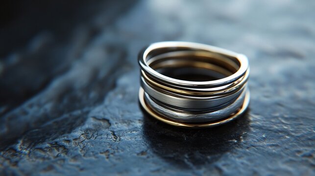 Bold fashion jewelry close up of a multi band stackable ring in mixed metal with precise minimalist detailing 