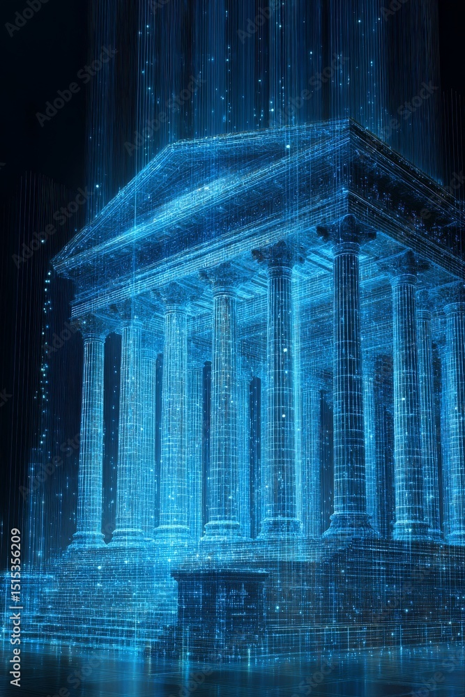 Poster digital representation of a classical temple floating in a glowing blue light