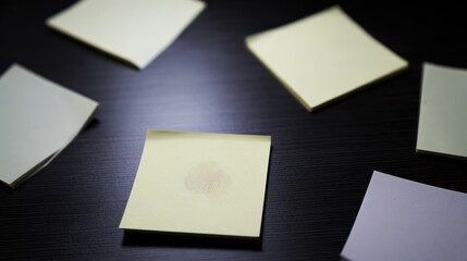 A variety of sticky notes are randomly placed on a dark office desk, suggesting ongoing tasks, reminders, or ideas being brainstormed. The office reflects a busy workspace atmosphere