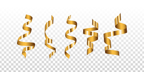 Vector set of golden serpentine ribbons isolated on transparent background.