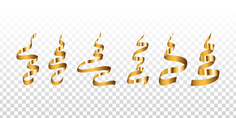 Vector set of golden serpentine ribbons isolated on transparent background.