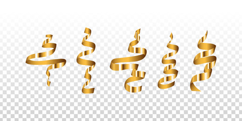 Vector set of golden serpentine ribbons isolated on transparent background.