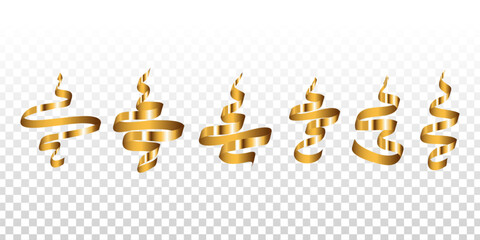 Vector set of golden serpentine ribbons isolated on transparent background.