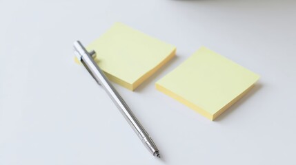 Two yellow sticky notes rest flat on a white table alongside a silver pen, creating a minimalistic workspace prepared for jotting down thoughts or reminders